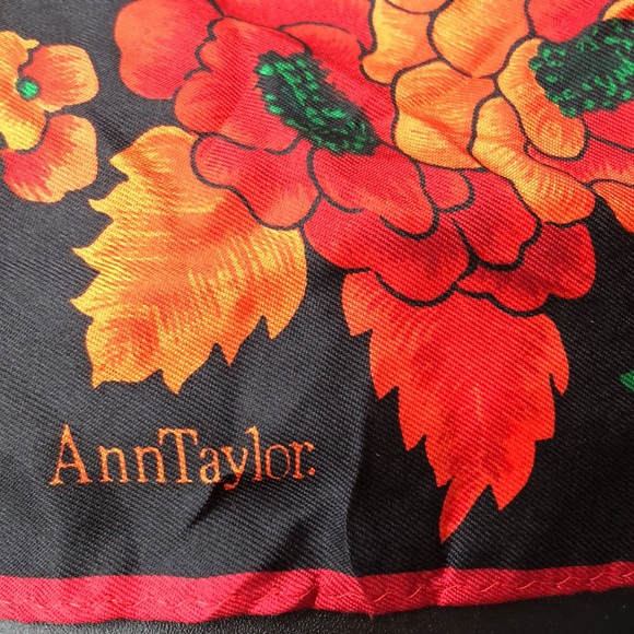 Vintage Ann Taylor Silk Scarf, 34" Square Red Floral, Black and Red Check Center - Picture 6 of 8